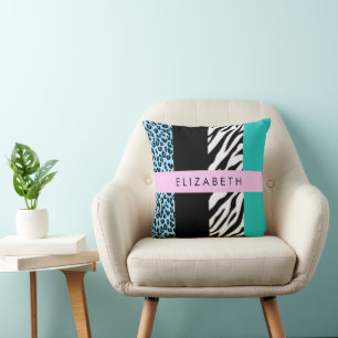 Leopard Print, Zebra Print, Blau, Ihr Name Kissen