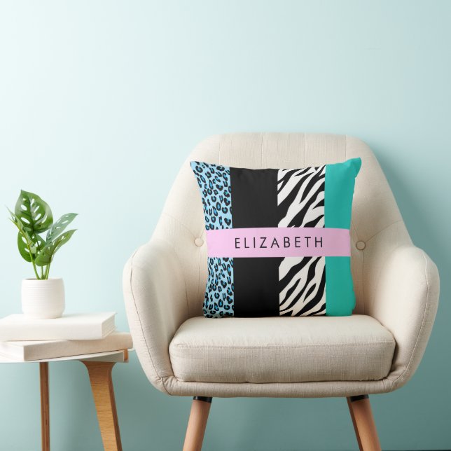 Leopard Print, Zebra Print, Blau, Ihr Name Kissen (Stuhl )