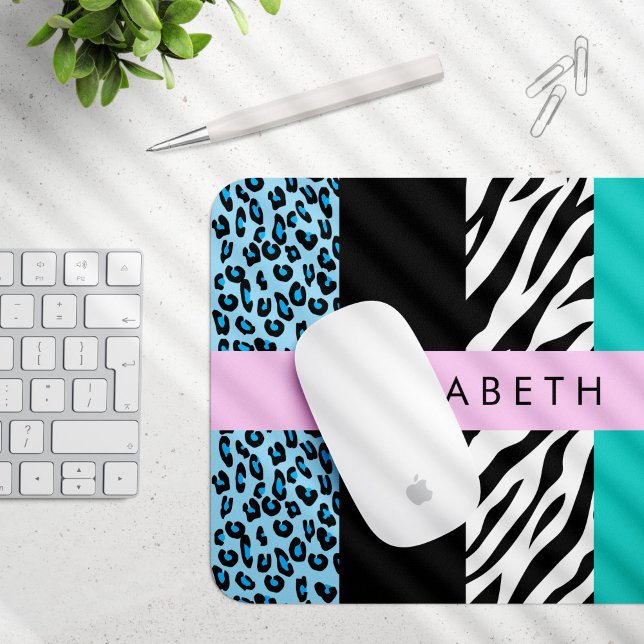 Leopard Print, Zebra Print, Blau, Ihr Name Mousepad (Von Creator hochgeladen)