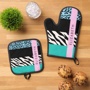 Leopard Print, Zebra Print, Blau, Ihr Name Ofenhandschuh & Topflappen-Set