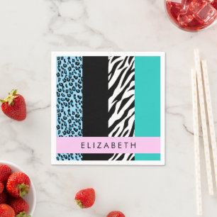 Leopard Print, Zebra Print, Blau, Ihr Name Serviette