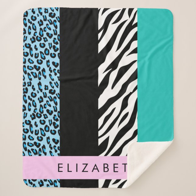Leopard Print, Zebra Print, Blau, Ihr Name Sherpadecke (Vorderseite)