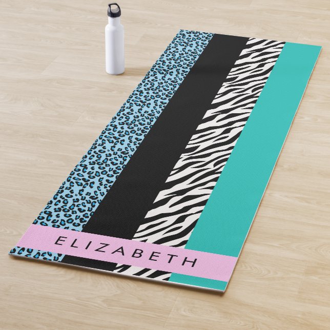 Leopard Print, Zebra Print, Blau, Ihr Name Yogamatte (Beispiel)