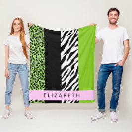 Leopard Print, Zebra Print, Green, Ihr Name Fleecedecke