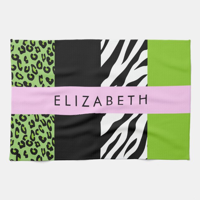Leopard Print, Zebra Print, Green, Ihr Name Geschirrtuch (Horizontal)