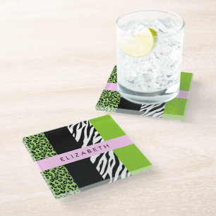 Leopard Print, Zebra Print, Green, Ihr Name Glasuntersetzer