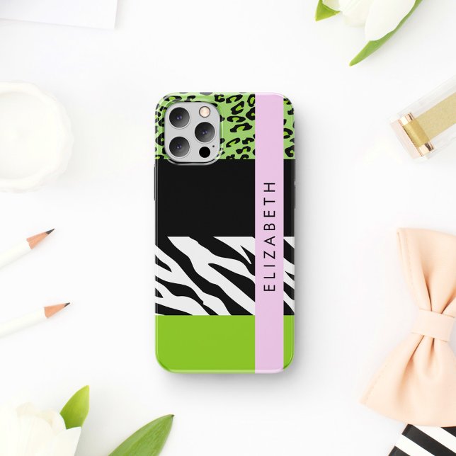 Leopard Print, Zebra Print, Green, Ihr Name iPhone 16 Hülle (Von Creator hochgeladen)