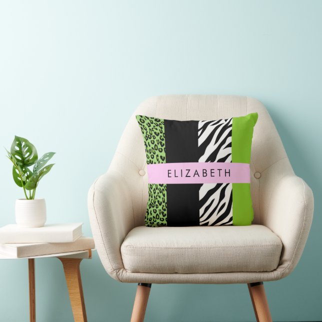 Leopard Print, Zebra Print, Green, Ihr Name Kissen (Stuhl )