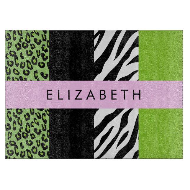 Leopard Print, Zebra Print, Green, Ihr Name Schneidebrett (Vorderseite)