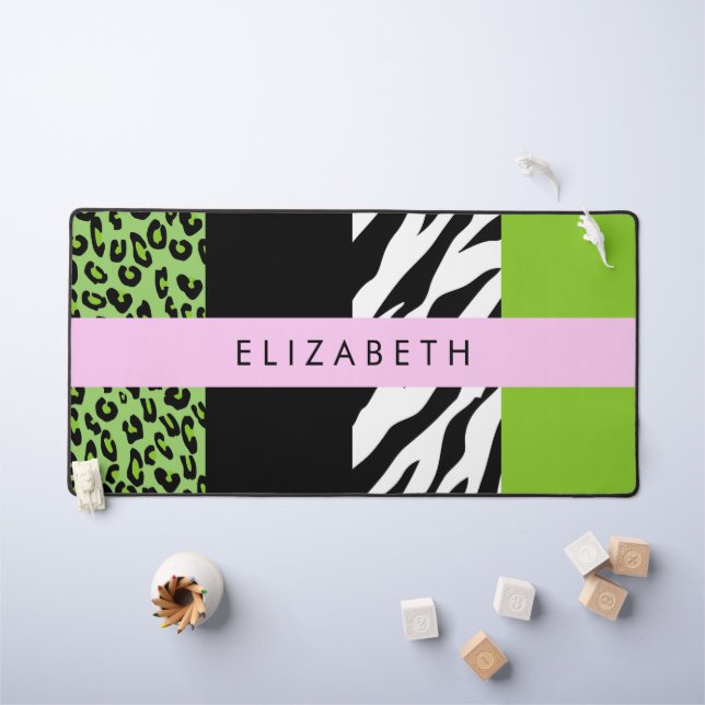 Leopard Print, Zebra Print, Green, Ihr Name Schreibtischunterlage (Kindertisch)