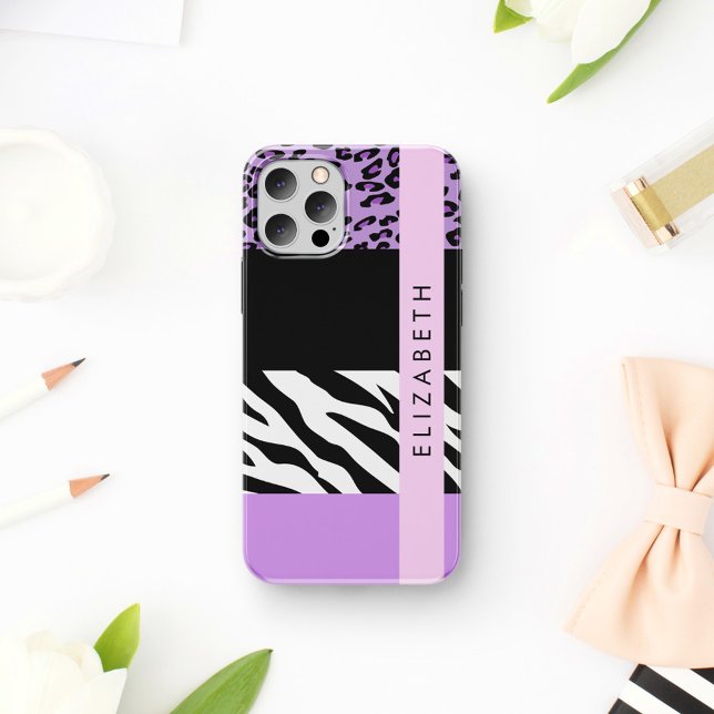 Leopard Print, Zebra Print, Lila, Ihr Name iPhone 16 Hülle (Von Creator hochgeladen)