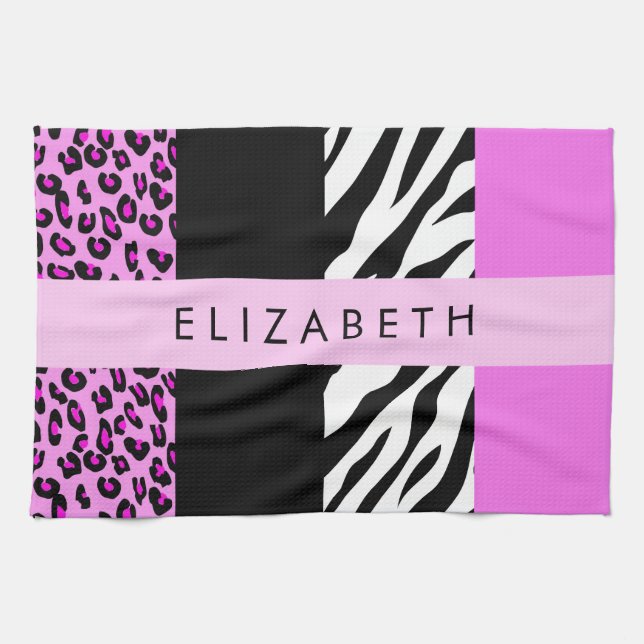 Leopard Print, Zebra Print, Rosa, Ihr Name Geschirrtuch (Horizontal)