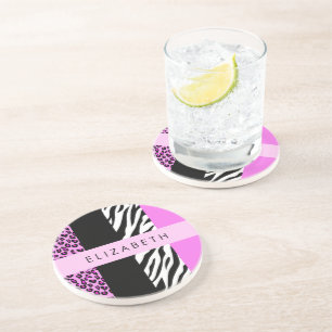 Leopard Print, Zebra Print, Rosa, Ihr Name Getränkeuntersetzer