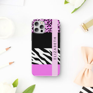 Leopard Print, Zebra Print, Rosa, Ihr Name iPhone 16 Hülle