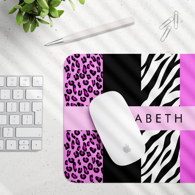 Leopard Print, Zebra Print, Rosa, Ihr Name Mousepad (Von Creator hochgeladen)