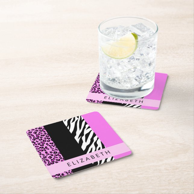 Leopard Print, Zebra Print, Rosa, Ihr Name Rechteckiger Pappuntersetzer (Vor Ort)