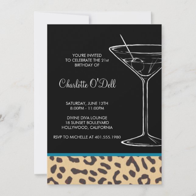 Leopard-Printmartini Geburtstag Einladung (Vorderseite)