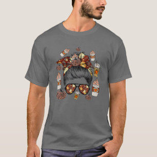 Leopard Pumpkin Gewürz Latte Coffee Messy Bun Dank T-Shirt