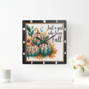 Leopard Pumpkin Girl Lieben Fall Quadratische Wanduhr