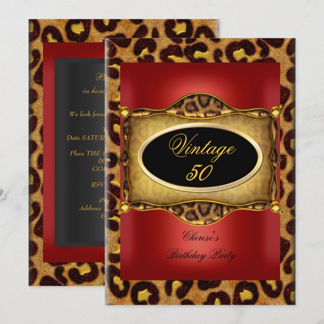 Leopard Red Black Birthday Elegante Vintag Einladung (Vorne/Hinten)
