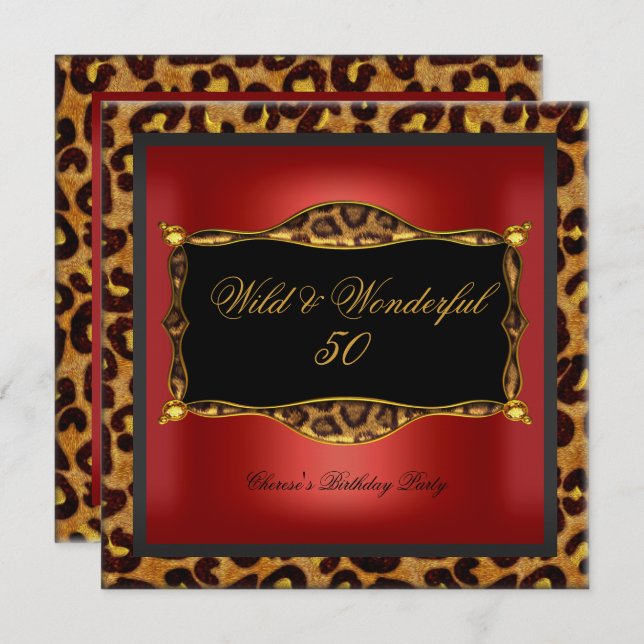 Leopard Red Gold Black Birthday Party Wild 50 Einladung (Vorne/Hinten)
