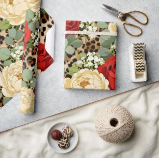 Leopard & Red Rose Muster - Schickes florales Tier Geschenkpapier