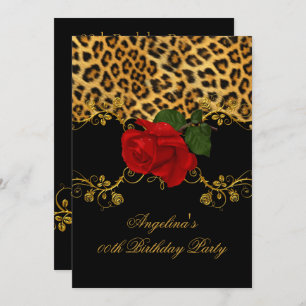 Leopard Rose Red Black Gold Geburtstagsparty 2 Einladung