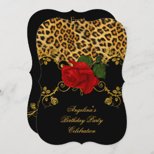 Leopard Rose Red Black Gold Geburtstagsparty 2 Einladung