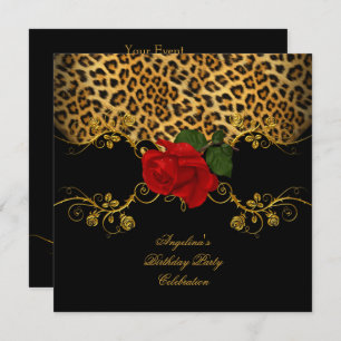 Leopard Rose Red Black Gold Geburtstagsparty Einladung
