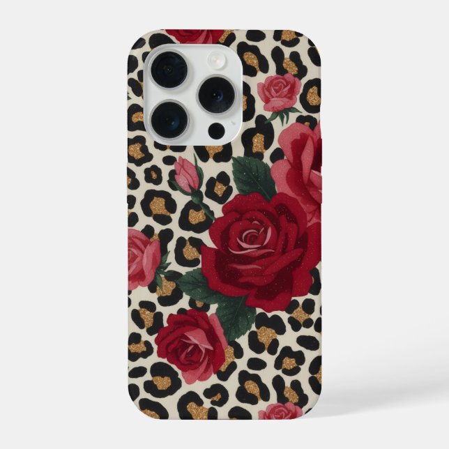 Leopard-Rot-Rosen-Muster iPhone Hülle (Rückseite)
