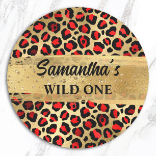 Leopard, Rot und Gold Foil Leopard Wild One Runder Aufkleber