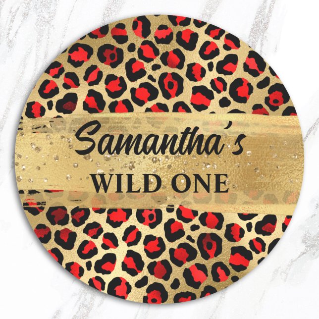 Leopard, Rot und Gold Foil Leopard Wild One Runder Aufkleber (Red and Gold Foil Leopard Wild One Classic Round Sticker)