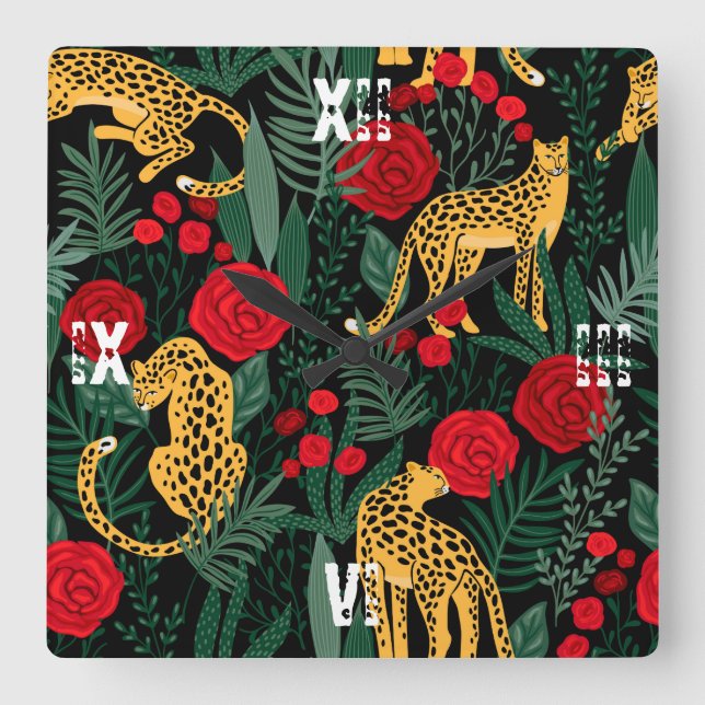Leopard Rote Rosen Tiersafari Grüne Blätter Quadratische Wanduhr (Vorderseite)