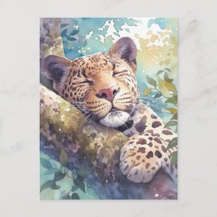 Leopard ruht auf einem Ast im sonnendurchfluteten  Postkarte
