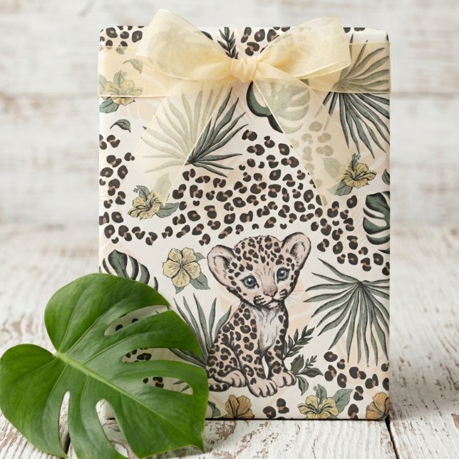 Leopard Safari Kids Floral Jungle Pattern Geschenkpapier (Cute Baby Leopard Cub Animal Print Yellow Gender Neutral Wrapping Paper. Kids Jungle Safari Birthday)