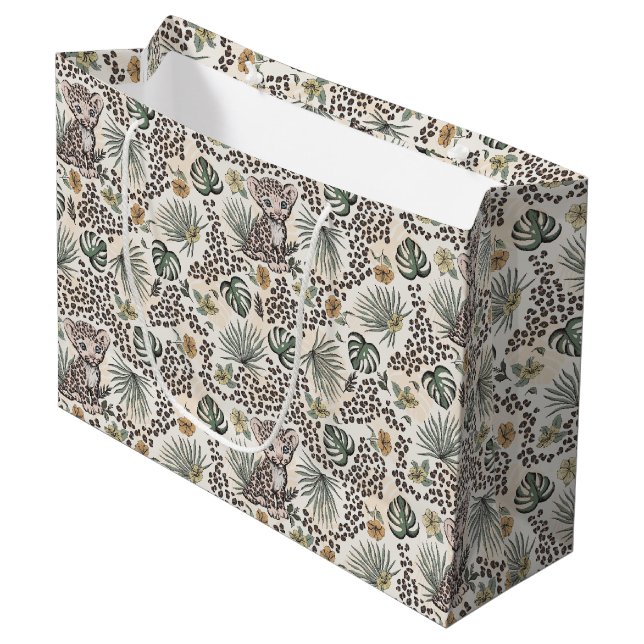 Leopard Safari Kids Floral Jungle Pattern Große Geschenktüte (Vorderseite Schrägansicht)