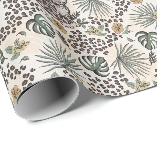 Leopard Safari Kinder Blumen Dschungel Muster Geschenkpapier (Rolleneckpunkt)