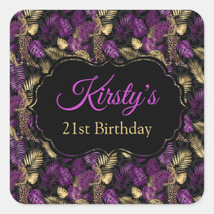 Leopard Safari Palmwedel Lila Gold Geburtstag Quadratischer Aufkleber