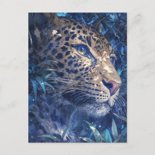 Leopard schaut durch Indigo-Aquarell-Dschungel Postkarte (Vorderseite)