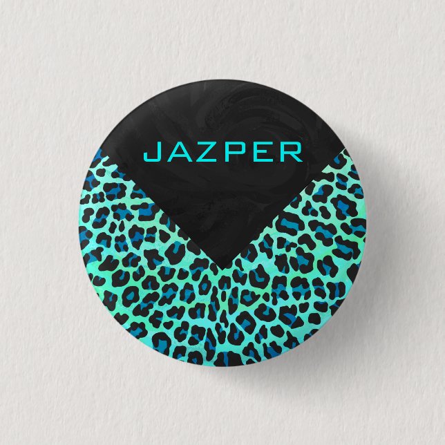 Leopard Schwarz und Aquamarin Button (Vorderseite)