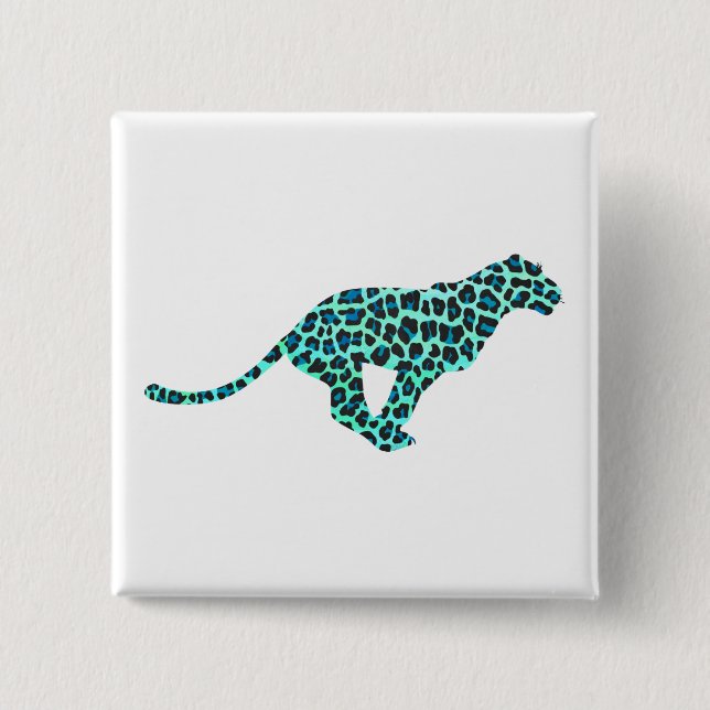 Leopard Schwarz und Aquamarin Button (Vorderseite)