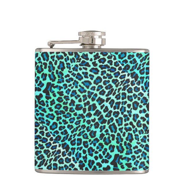 Leopard Schwarz und Aquamarin Flachmann (Vorderseite)