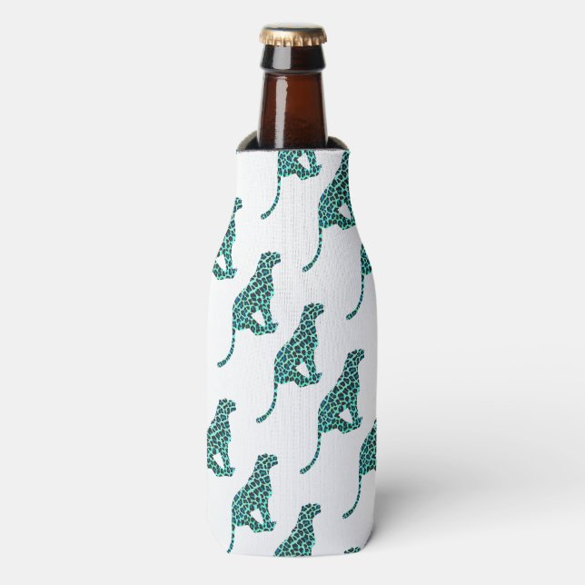 Leopard Schwarz und Aquamarin Flaschenkühler (Flaschenvorderseite)