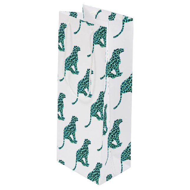 Leopard Schwarz und Aquamarin Geschenktüte Für Weinflaschen (Vorderseite Schrägansicht)