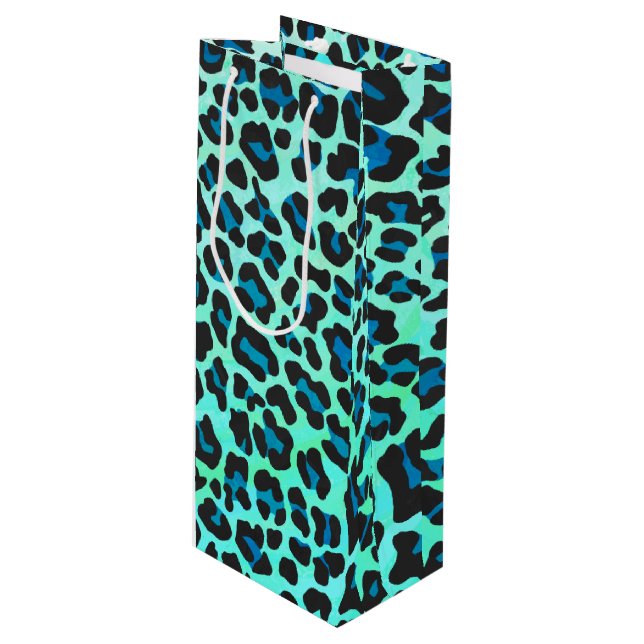 Leopard Schwarz und Aquamarin Geschenktüte Für Weinflaschen (Vorderseite Schrägansicht)
