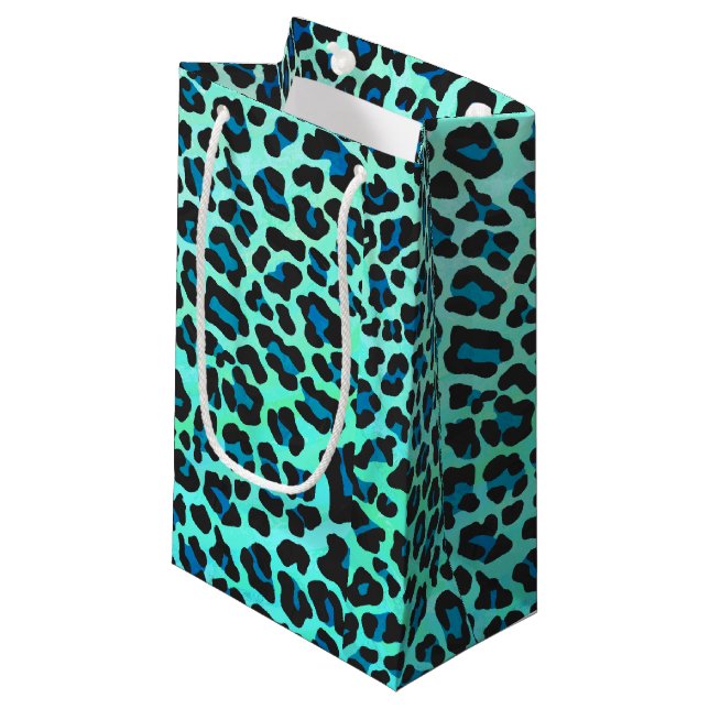 Leopard Schwarz und Aquamarin Kleine Geschenktüte (Vorderseite Schrägansicht)