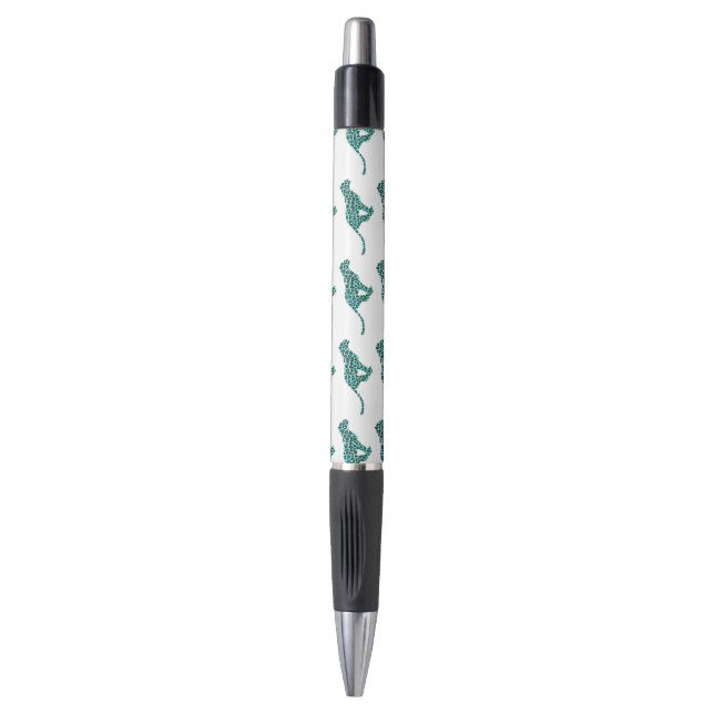 Leopard Schwarz und Aquamarin Kugelschreiber (Vorderseite Vertikal)