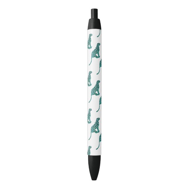 Leopard Schwarz und Aquamarin Kugelschreiber (Vorderseite Vertikal)