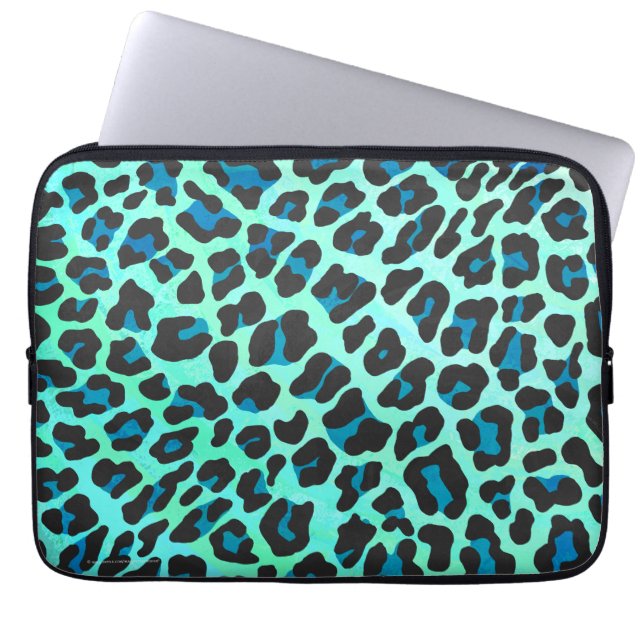 Leopard Schwarz und Aquamarin Laptopschutzhülle (Vorderseite)