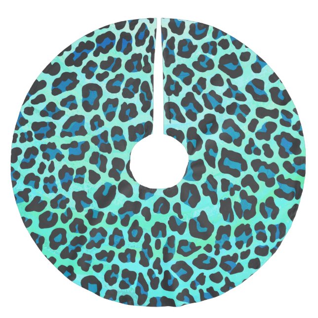 Leopard Schwarz und Aquamarin Polyester Weihnachtsbaumdecke (Vorderseite)